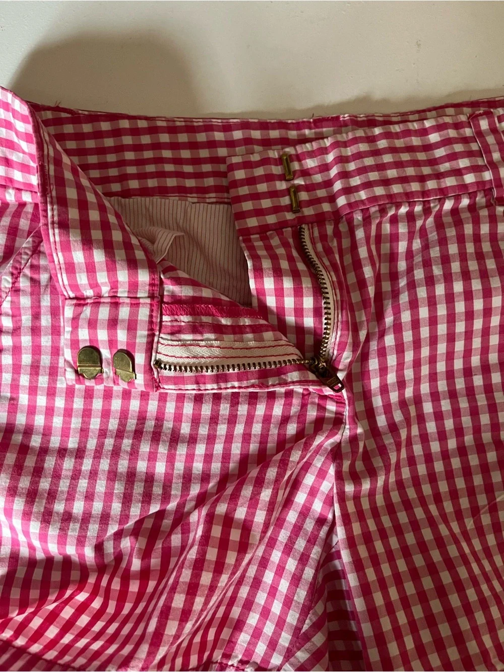 Women’s J.Crew pink & white gingham check classic mid-rise, pockets, size 0 3”